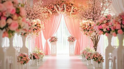Fototapeta premium A pink-themed wedding ceremony with elegant floral arrangements, a beautiful archway, and delicate drapery.