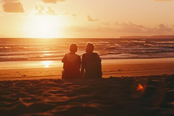 Two people sitting on the beach, watching the glowing sunset over the horizon, sharing a moment of tranquility and connection.