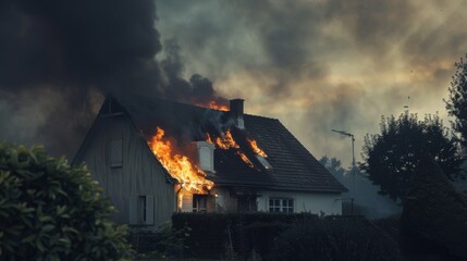 A house engulfed in flames with dark smoke billowing into the sky, capturing the intensity and urgency of a dramatic fire scene.
