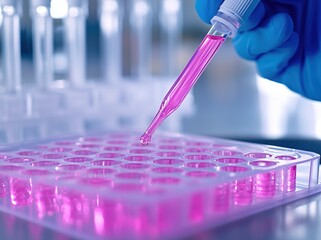 A person is using a pipette to draw a pink liquid into a petri dish