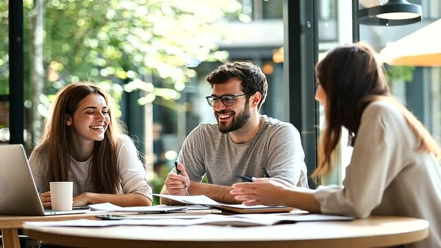 young couple engaged in a detailed discussion with an insurance agent, examining insurance documents together in a modern office environment