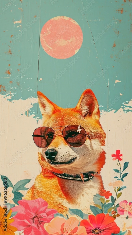 Sticker Dreamy Retro Collages whit a happy wolf art painting glasses.