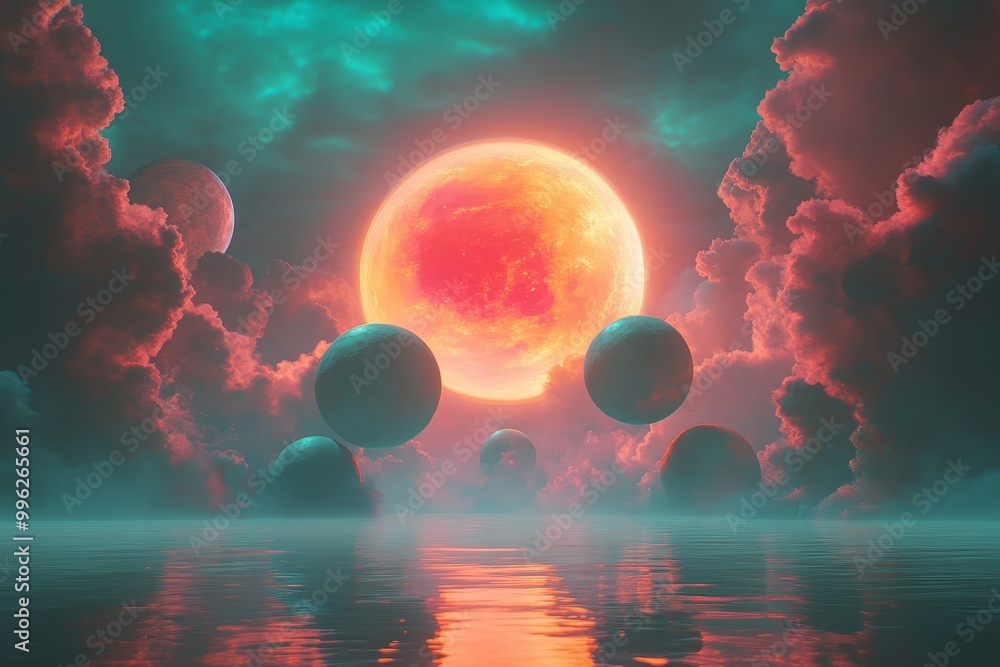 Poster in this abstract graphic design, an ocean planet's surface is covered in a glorious galaxy as if it 