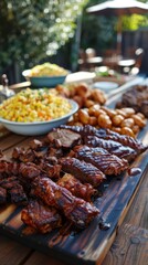 A vibrant outdoor feast featuring grilled meats, savory sides, and vibrant dishes, perfect for gatherings and celebrations.