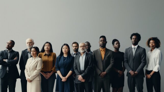 A determined group of business professionals stands together with a strong sense of unity and leadership in a modern office setting.