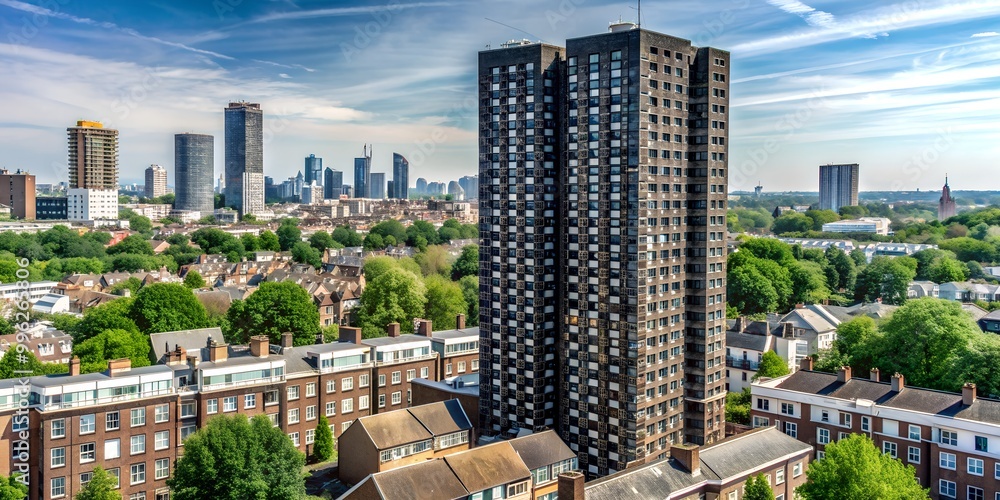Aufkleber patterns of building exteriors in london the grenfell tower is in the background ai-created content