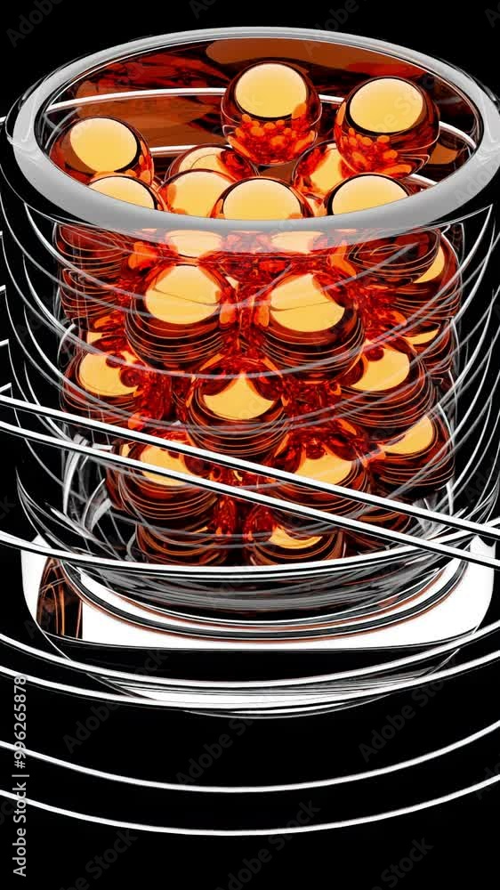 Poster 3d animation of balls rolling in spiral. design. animation with spiral game setup and balls rolling 