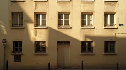 Fototapeta premium Modern Parisian architecture, minimalist facade, complete wall with windows and doors, warm sunlight, peaceful urban scene, no people around.