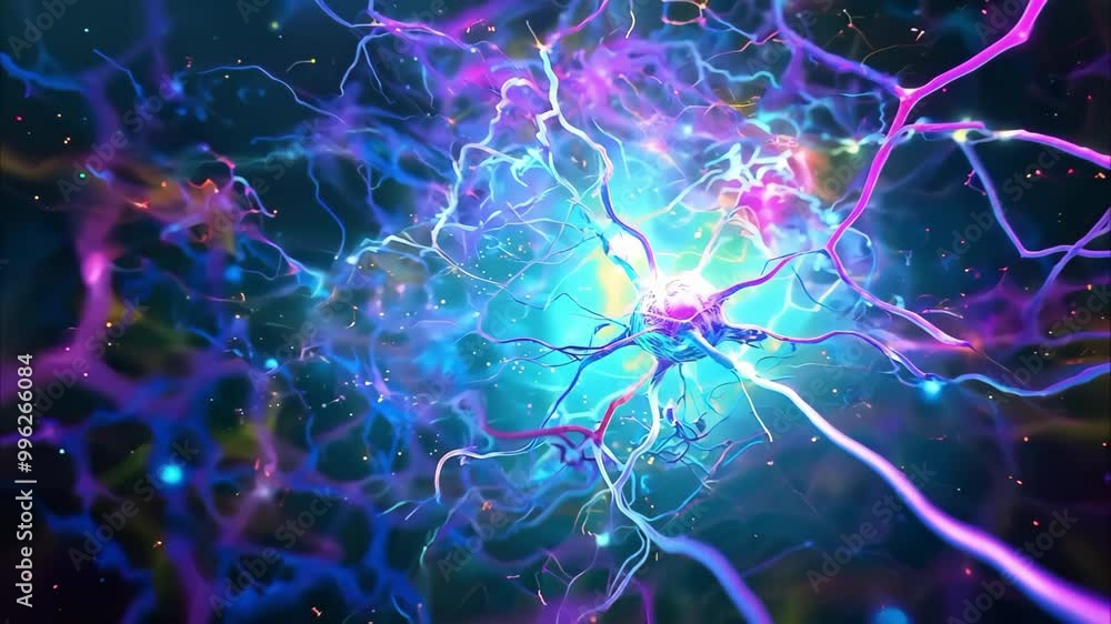 Poster a colorful and intricate representation of neurons, showcasing their connections and activity in a v