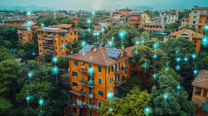 Naklejka premium Document a community-led initiative to install solar panels on rooftops