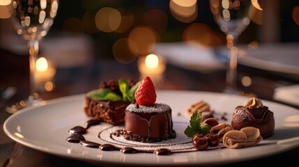 Naklejka premium A beautifully plated chocolate dessert garnished with a strawberry, accompanied by more sweet treats, and elegantly set against a softly lit background.