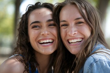 Fototapeta premium Joyful friends embracing and laughing outdoors. Closeup portrait of two women smiling with happiness. Candid moments