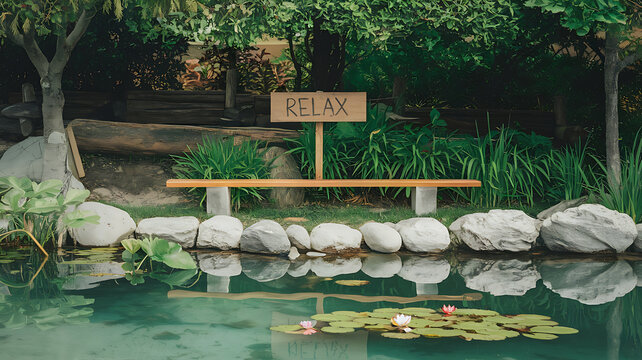 Tranquil pond, green foliage, and a wooden bench with a "Relax" sign, inviting serenity and peace. 
