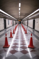A dimly lit underground corridor marked by traffic cones guiding the path.