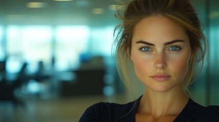Naklejka premium Confident Woman with Green Eyes in a Modern Office Setting