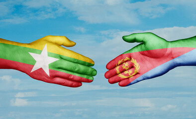 Eritrea and Myanmar country handshaking with flags, consensus concept international co-operation illustration
