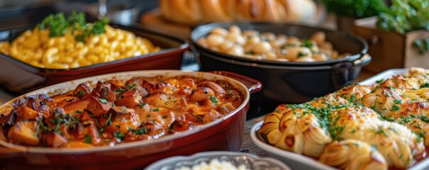 Fototapeta premium A vibrant spread of delicious dishes including pasta, bread, and other savory foods, perfect for a hearty meal or gathering.