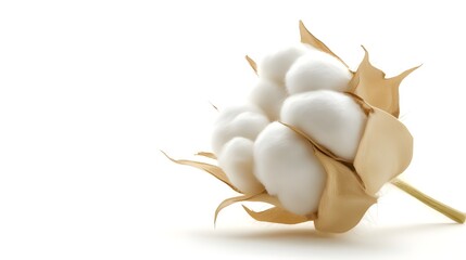 A close-up of a cotton boll on a white background, showcasing its soft, fluffy fibers and natural beauty.