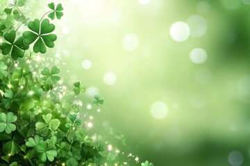 Fototapeta premium March 17, Saint Patrick's Irish Pub celebration party. An image created using digital art. This is a green shamrock clover on a sparkly green background.