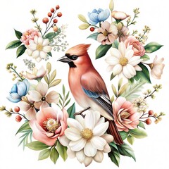 Illustration of a jay bird among a colorful flower arrangement