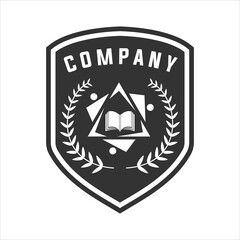 school logo with book protector and child icon triangle