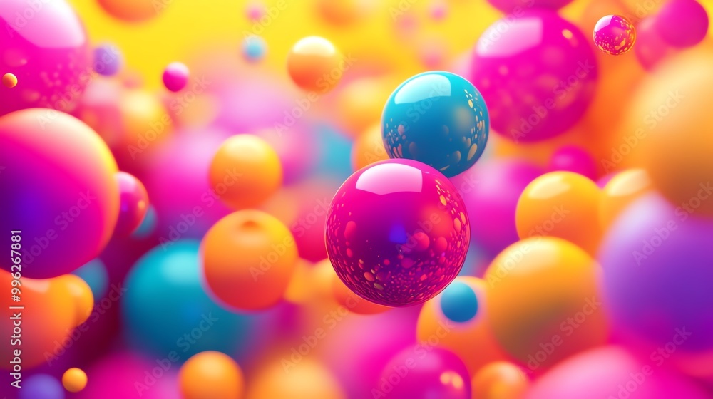Poster colorful spheres in vibrant hues float in a dynamic abstract background.