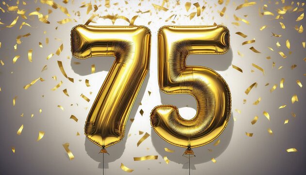 Gold birthday / anniversary balloon, number 75, white background with confetti