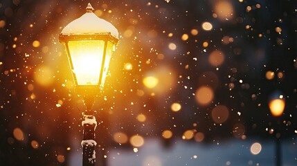 Obraz premium Snowflakes gently swirling around a lamp post on a snowy evening, with soft yellow light illuminating the falling snow.