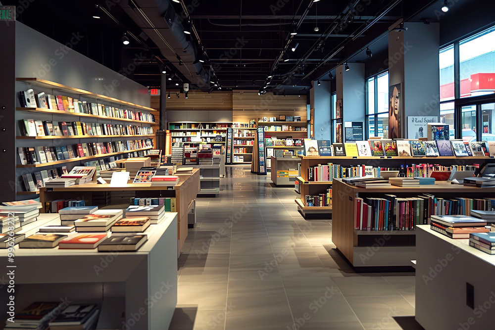 Poster Bright and Modern Bookstore Interior Showcasing Diverse Genres  