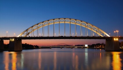 Naklejka premium Sleek steel arches of Hoan Bridge illuminate at dusk over the Milwaukee River with soft LED light reflections on the waters surface