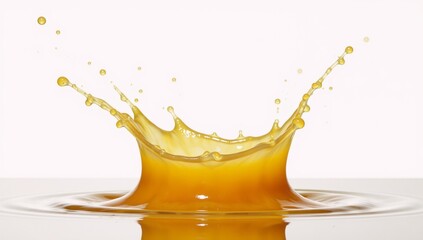 Splashing orange mango juice erupts in mid-air creating an explosion of liquid droplets against a pristine white backdrop