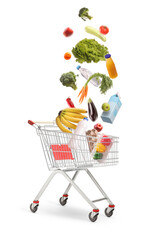 Groceries falling into a shopping cart
