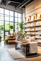 Modern Interior Design with Wooden Shelving and Plants.