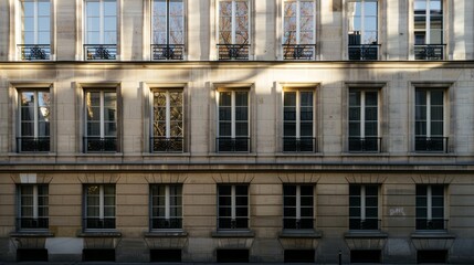 Fototapeta premium Modern Parisian building, complete wall with windows and doors, sunny afternoon, tranquil urban environment, no people around.