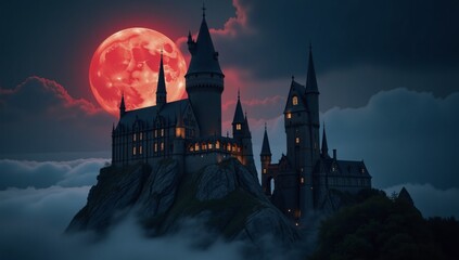 A mystical castle stands out against a vibrant red moon with ominous clouds conveying fantasy and intrigue