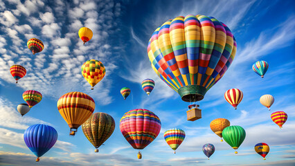 Obraz premium A colorful basket of hot air balloons floating in the sky, colorful, vibrant, flying, aerial, adventure, transportation, balloons