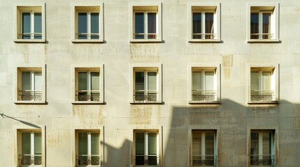 Fototapeta premium Modern Parisian building, complete wall with windows and doors, sunny afternoon, tranquil urban environment, no people around.