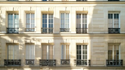 Fototapeta premium Modern Parisian building facade, minimalist architecture, complete wall with windows and doors, sunny afternoon light, tranquil atmosphere, no people around.