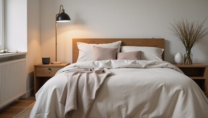 A Scandinavian Hygge-inspired bedroom showcases soft textures muted colors and warm ambient light to provide a comfortable retreat with natural wood accents and minimalist design