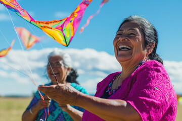 Two elderly women are seen joyfully watching kites fly in the sky on a bright sunny day. they are outdoors, wearing colorful clothes, and appear to be enjoying their time together.