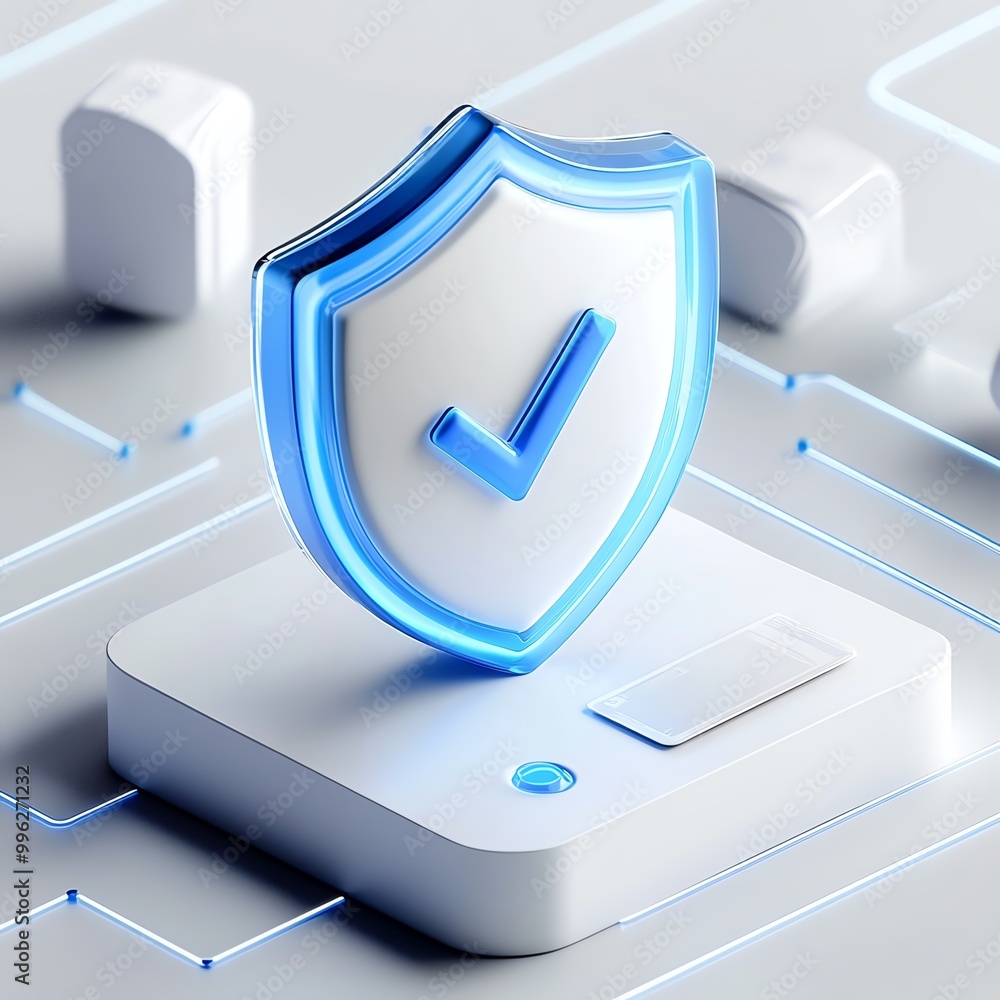 Poster digital security icon with checkmark on abstract tech background.