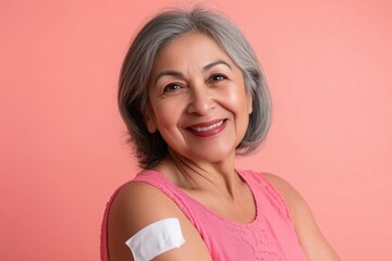 A woman in a pink tank top is smiling and holding a bandage on her arm