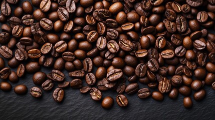 Fototapeta premium A pile of coffee beans on a black surface