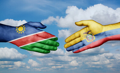 Ecuador and Namibia country handshaking with flags, consensus concept international co-operation illustration