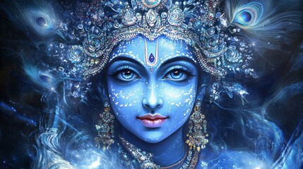 A vibrant depiction of a blue-skinned deity adorned with jewels and intricate designs, symbolizing divinity and spirituality.