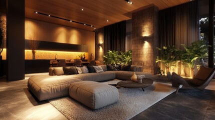 Modern Living Room Interior with Sectional Sofa and Plush Rug