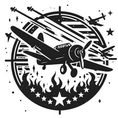 Vintage War Plane Illustration Fiery Skies, Stars, and Combat Aircraft Artwork