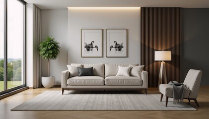 A 3D rendering featuring a sofa and accompanying decor items within a stylish living room setting