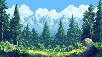 Pixelated Landscape with Evergreen Trees and Snowy Mountains