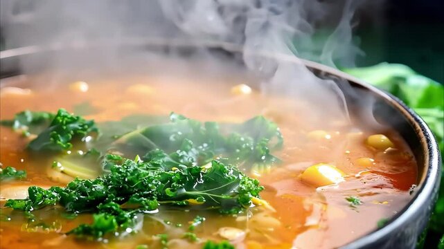 A steaming bowl of soup with kale and other ingredients.